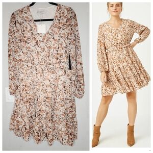 NWT Hayden Brown Floral Print V Neck Smock Waist Tiered Mini Dress Small